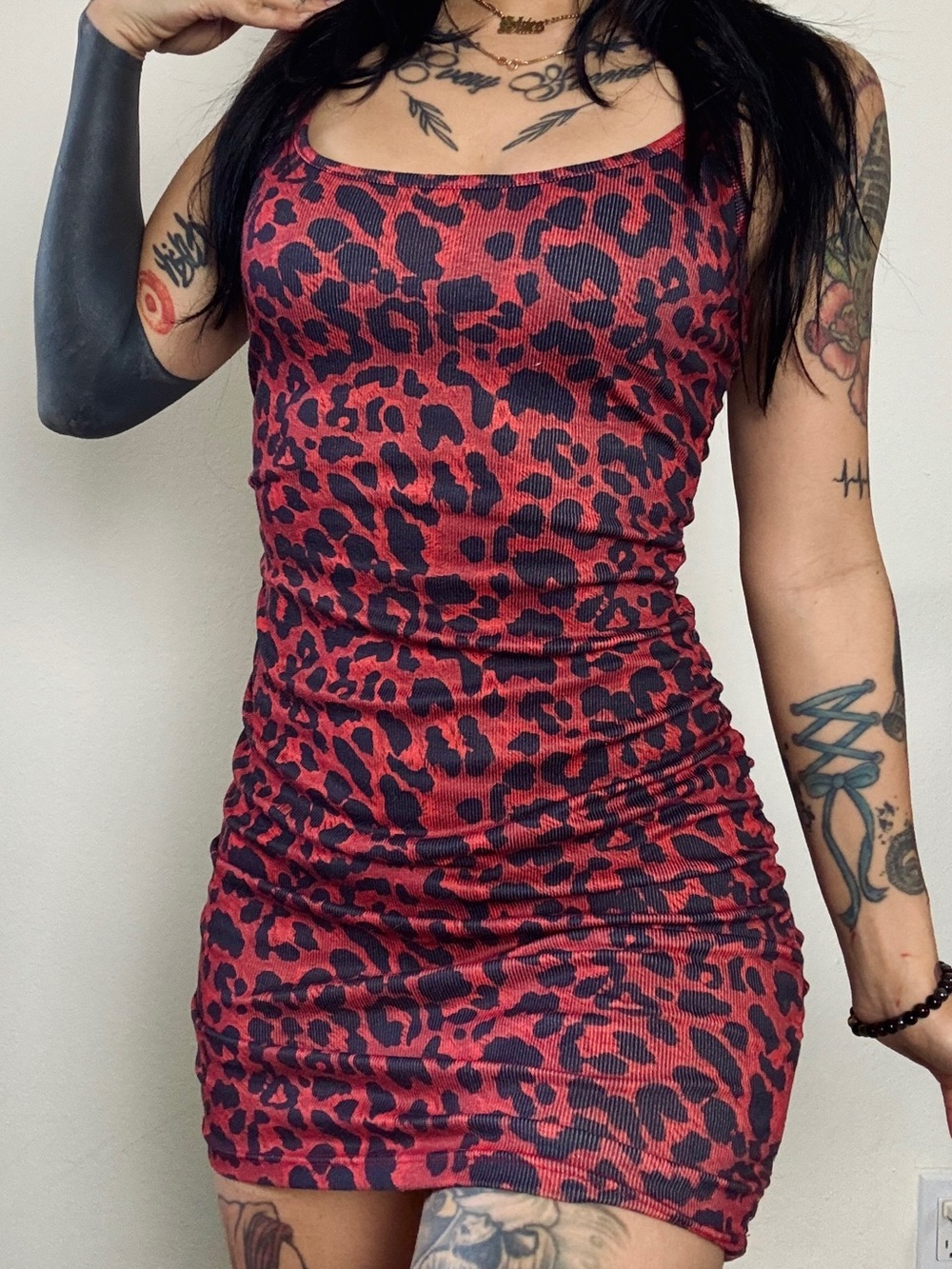 Red Leopard Print Tank Mini Dress small shein women’s